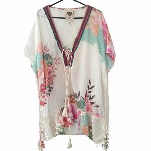 Boho Floral Tie-Front Swim Coverup - White with Pink & Teal
